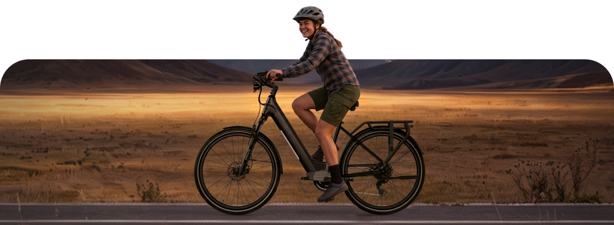 Rider sitting upright on a Discover 3 e-bike.
